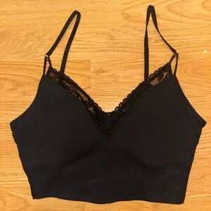 Aerie Black Ribbed Tank Top with Built In Lace Bra